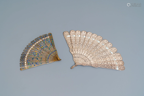 Two Chinese filigree and enamelled silver fans…