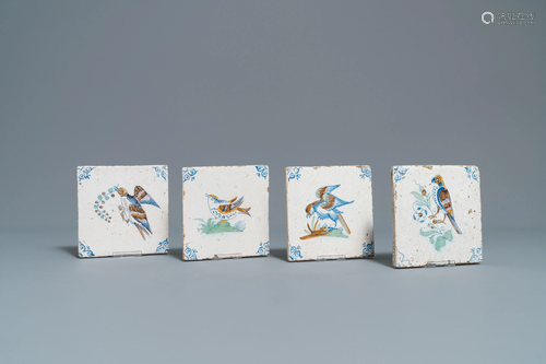 Four polychrome Dutch Delft 'bird' tiles, 1st …