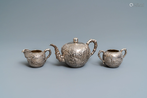 A Chinese silver teapot, cream jug and su…