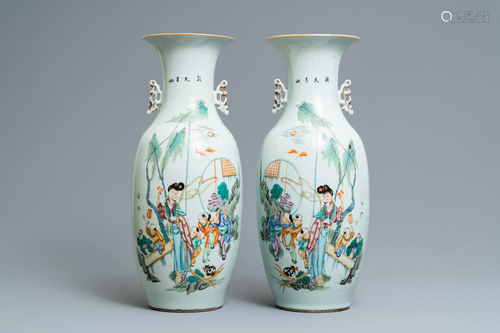 A pair of Chinese famille rose vases with la…