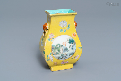 A Chinese yellow-ground famille rose vase,…