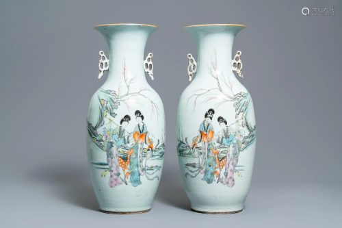 A pair of Chinese famille rose vases with la…