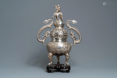 An exceptional large Chinese inscribed silver tri…