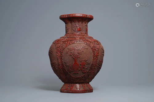 A Chinese carved cinnabar lacquer vase, Q…