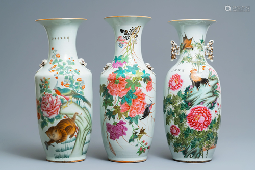 Three Chinese famille rose vases with a…