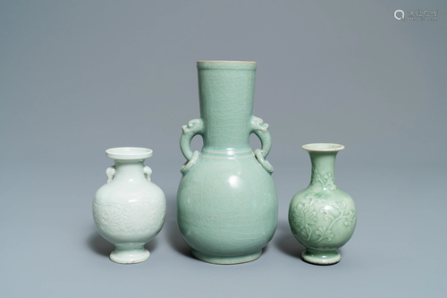 Three Chinese monochrome celadon vas…