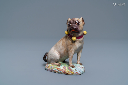 A polychrome Tournai faience model of a pug, …