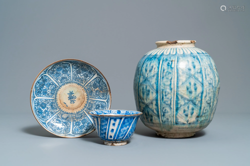 A Persian blue and white vase, a bowl and a…