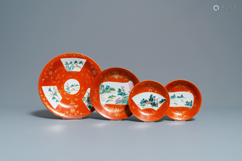 Four Chinese famille rose coral-ground dishes,…