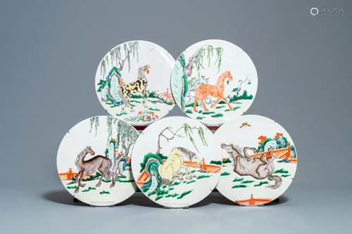 Five Chinese famille verte plaques with horses,…