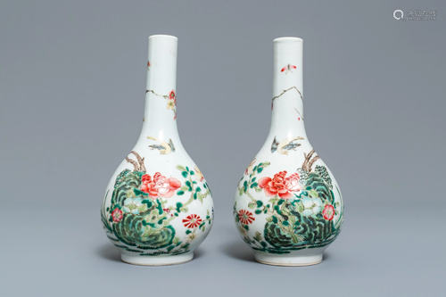 A pair of Chinese famille rose bottle vases, …