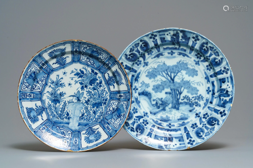 Two Dutch Delft blue and white chinoiserie dis…