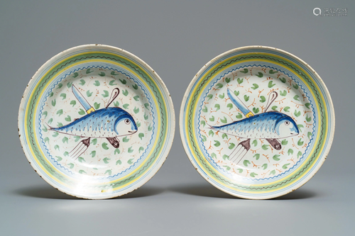 A pair of polychrome Brussels faience 'fish and