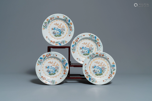 Four polychrome Brussels faience plates with