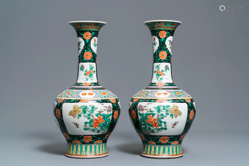 A pair of Chinese famille verte bottle vases, …