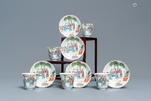 Five Chinese famille rose cups and saucers, T…