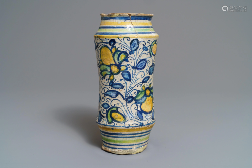 A polychrome 'a foglie' maiolica albarello,…