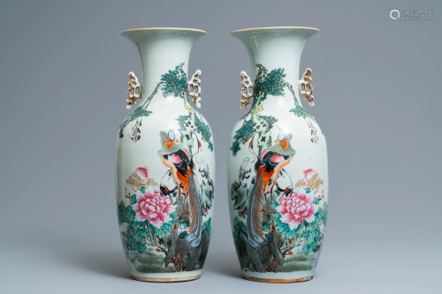 A pair of Chinese famille rose vases with bi…