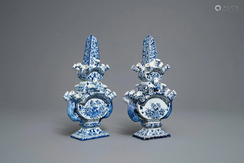 A pair of blue and white Delft-style tulip vases,