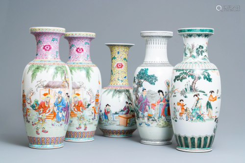Five Chinese famille rose and verte vases, Rep…