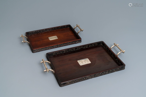Two Chinese wooden trays with engra…
