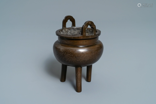 A Chinese silver inlaid bronze censer, Shi …