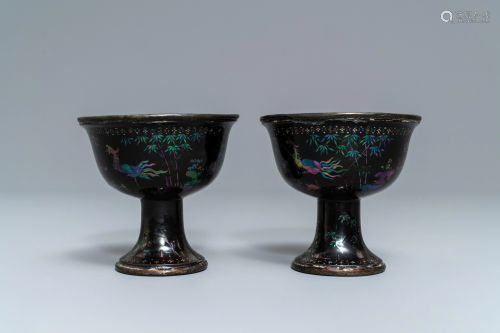 A pair of Chinese lac burgaute stem cups, K…