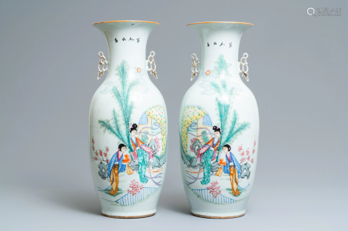 A pair of Chinese famille rose vases with la…