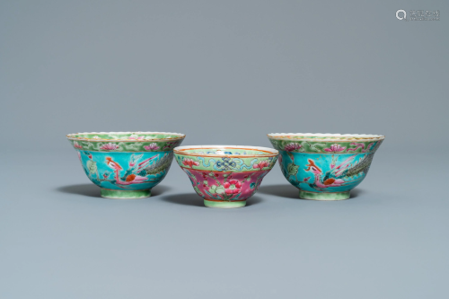 Three Chinese famille rose bowls for the…