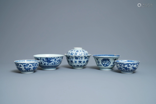 Five Chinese blue and white bowls, Kangxi/…