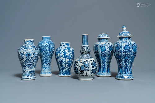 Six Chinese blue and white vases, Kangxi