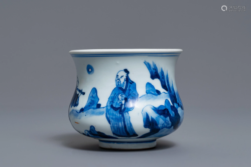 A Chinese blue and white censer with figures…