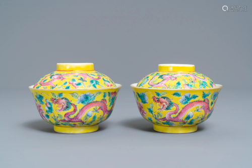 A pair of Chinese yellow-ground famille ros…