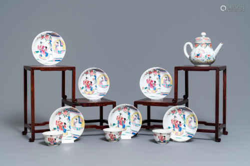 A Chinese famille rose teapot, six saucers a…