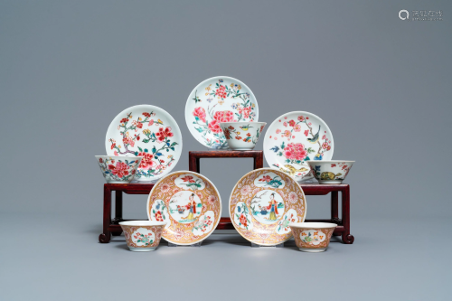 Five Chinese famille rose cups and saucers,