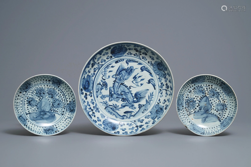 Three Chinese blue and white dishes with a …