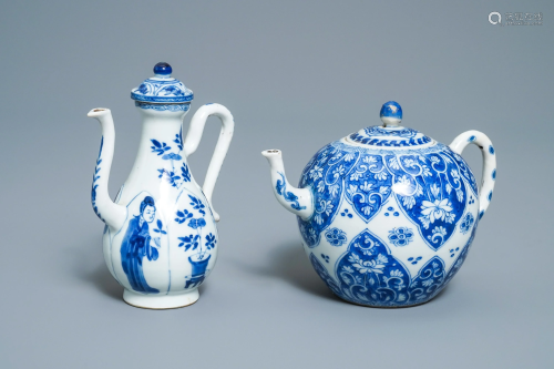 A Chinese blue and white teapot and a jug, …