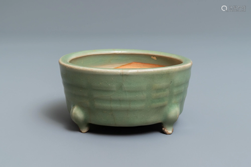 A Chinese Longquan celadon tripod censer wi…