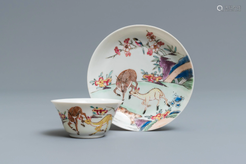 A Chinese famille rose 'deer' cup and sauc…