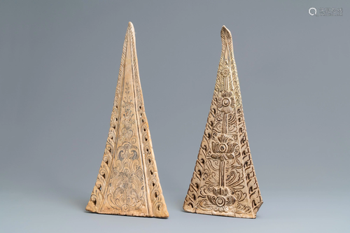 Two large triangular Thai Sawankhalok roof tile