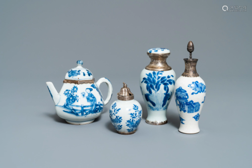 Three Chinese silver-mounted blue and white …