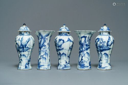 A Chinese blue and white five-piece 'landscape'