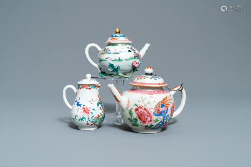Two Chinese famille rose teapots and a jug a…