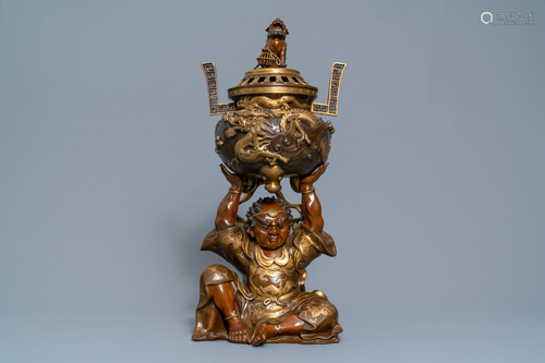 A large Japanese parcel-gilt bronze okimon…