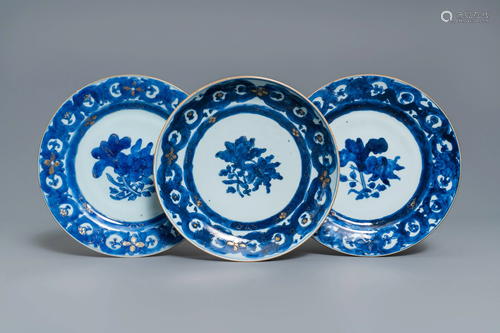 Three Chinese gilt-decorated blue and white…