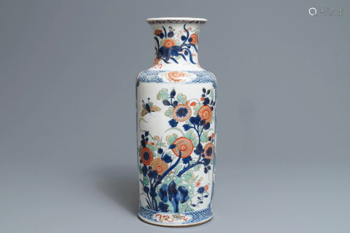 A Chinese famille verte rouleau vase with fl…