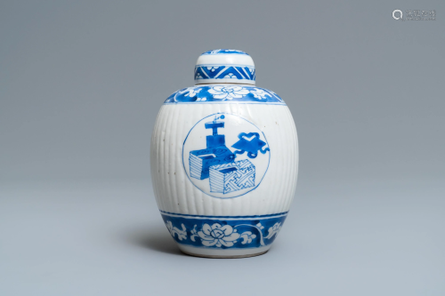 A Chinese ribbed blue and white jar and c…