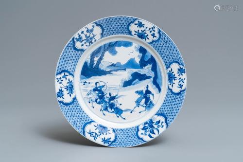 A Chinese blue and white dish with soldiers on