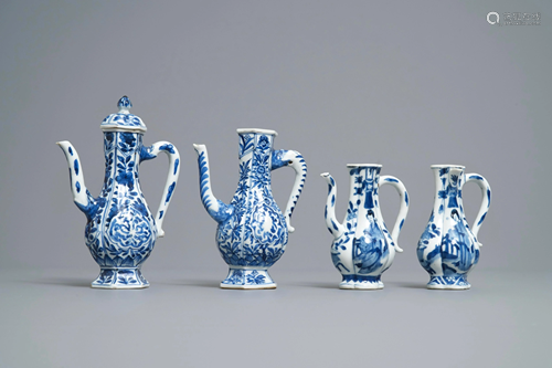 Four Chinese blue and white ewers, Kangxi