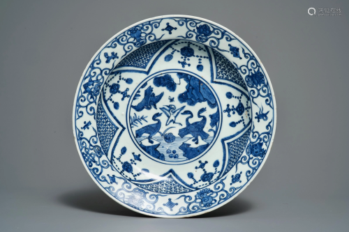 A Chinese blue and white 'cranes' dish, 'fu g…
